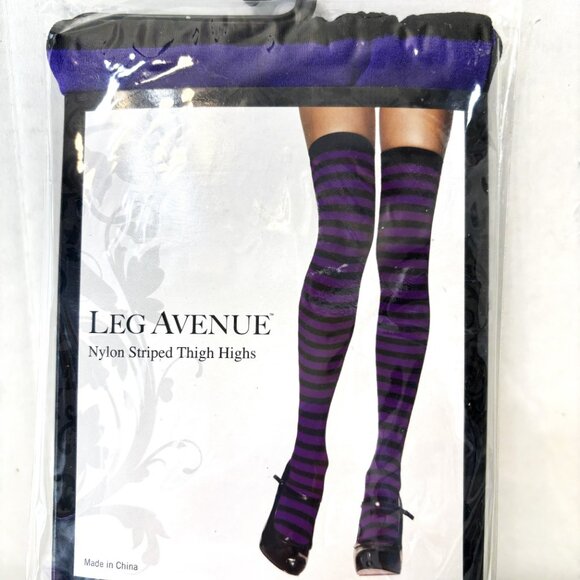 Leg Ave Purple & Blk Stripe Thigh Highs  NWT NOS One Size - Picture 2 of 6